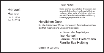 Traueranzeige von Herbert Bansel von Siegener Zeitung