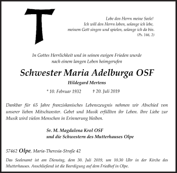 Traueranzeige von Hildegard Mertens von Siegener Zeitung