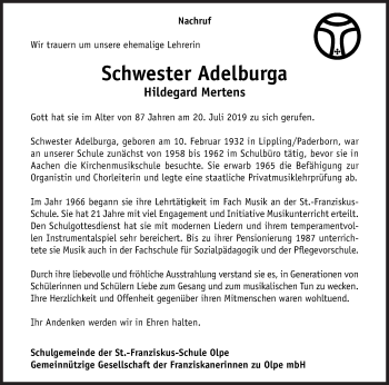 Traueranzeige von Hildegard Mertens von Siegener Zeitung