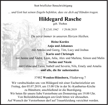 Traueranzeige von Hildegard Rasche von Siegener Zeitung