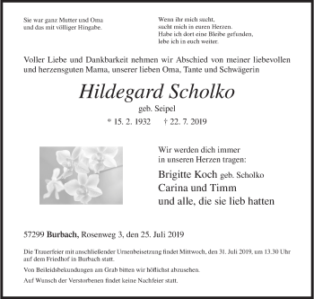 Traueranzeige von Hildegard Scholko von Siegener Zeitung