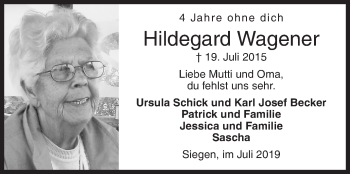 Traueranzeige von Hildegard Wagener von Siegener Zeitung