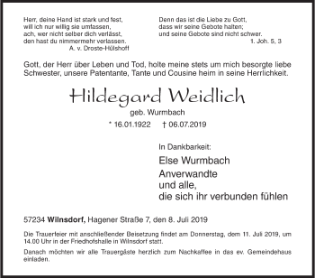 Traueranzeige von Hildegard Weidlich von Siegener Zeitung