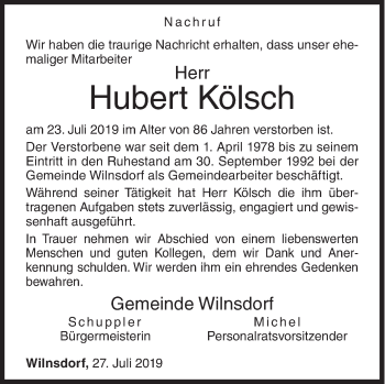 Traueranzeige von Hubert Kölsch von Siegener Zeitung