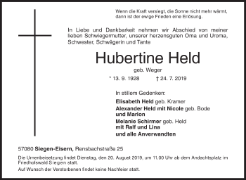 Traueranzeige von Hubertine Held von Siegener Zeitung