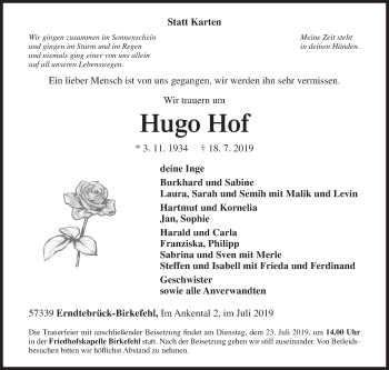 Traueranzeige von Hugo Hof von Siegener Zeitung