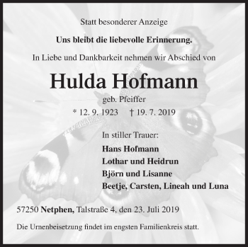 Traueranzeige von Hulda Hofmann von Siegener Zeitung