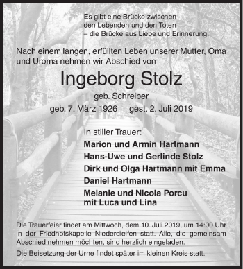 Traueranzeige von Ingeborg Stolz von Siegener Zeitung