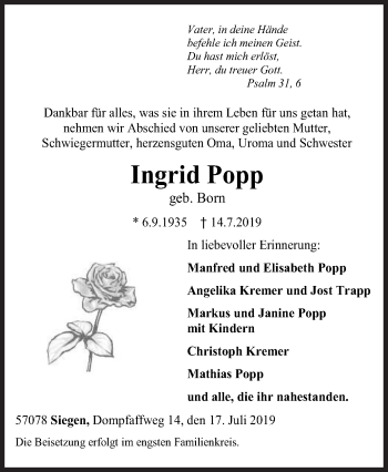 Traueranzeige von Ingrid Popp von Siegener Zeitung