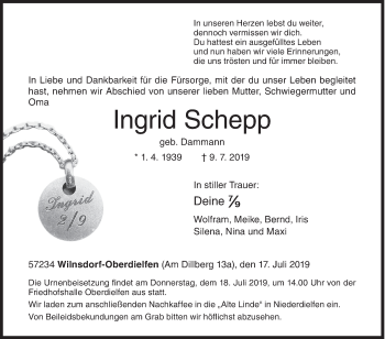 Traueranzeige von Ingrid Schepp von Siegener Zeitung