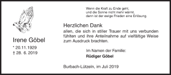 Traueranzeige von Irene Göbel von Siegener Zeitung