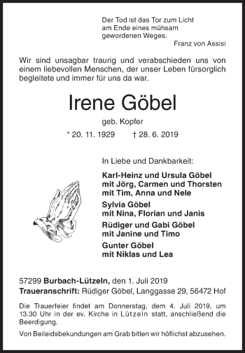 Traueranzeige von Irene Göbel von Siegener Zeitung