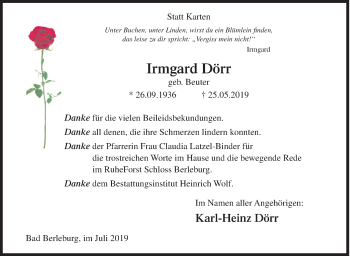 Traueranzeige von Irmgard Dörr von Siegener Zeitung