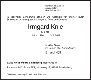Traueranzeige von Irmgard Knie von Siegener Zeitung