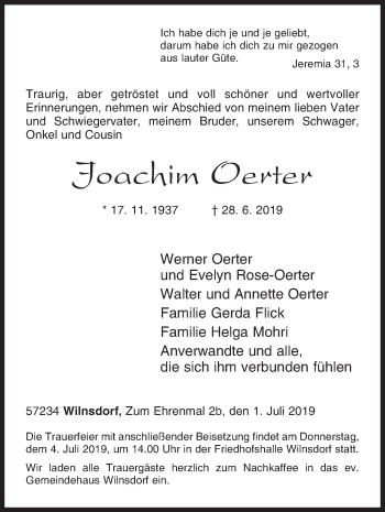 Traueranzeige von Joacchim Oerter von Siegener Zeitung