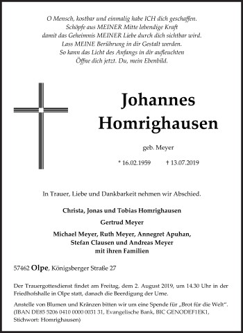 Traueranzeige von Johannes Homnighausen von Siegener Zeitung