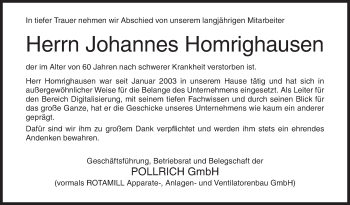 Traueranzeige von Johannes Homrighausen von Siegener Zeitung