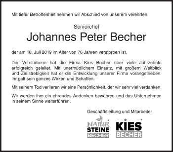 Traueranzeige von Johannes Peter Becher von Siegener Zeitung