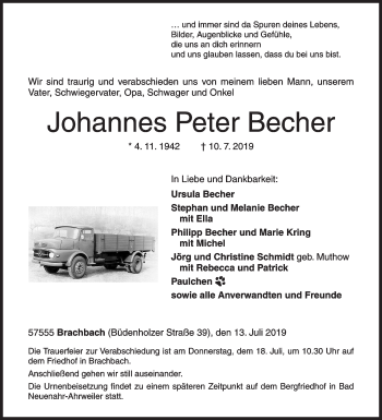 Traueranzeige von Johannes Peter Becher von Siegener Zeitung