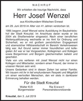 Traueranzeige von Josef Wenzel von Siegener Zeitung