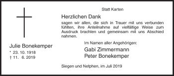 Traueranzeige von Julie Bonekemper von Siegener Zeitung