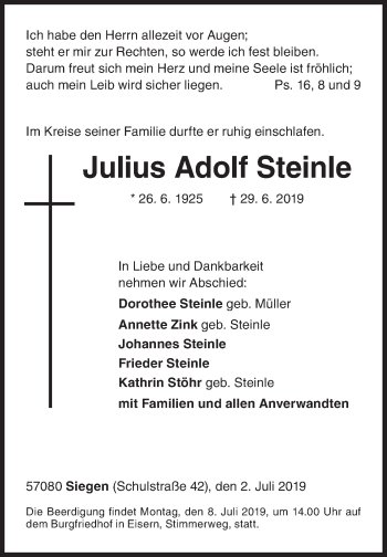 Traueranzeige von Julius Adolf Steinle von Siegener Zeitung