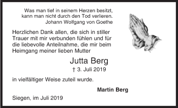 Traueranzeige von Jutta Berg von Siegener Zeitung