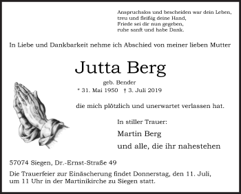 Traueranzeige von Jutta Berg von Siegener Zeitung