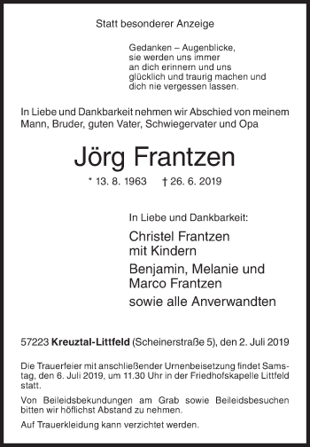 Traueranzeige von Jörg Frantzen von Siegener Zeitung