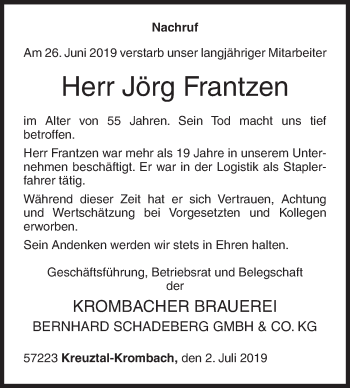 Traueranzeige von Jörg Frantzen von Siegener Zeitung