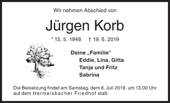 Traueranzeige von Jürgen Korb von Siegener Zeitung