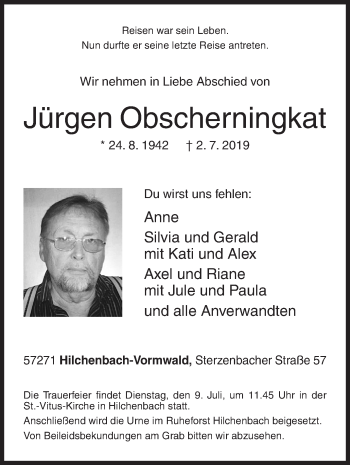Traueranzeige von Jürgen Obscherningkat von Siegener Zeitung