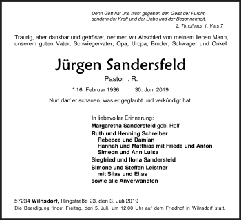 Traueranzeige von Jürgen Sandersfeld von Siegener Zeitung
