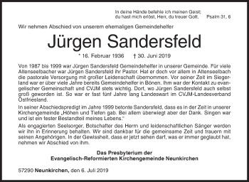 Traueranzeige von Jürgen Sandersfeld von Siegener Zeitung