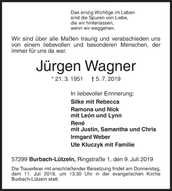 Traueranzeige von Jürgen Wagner von Siegener Zeitung