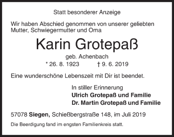 Traueranzeige von Karin Grotepaß von Siegener Zeitung