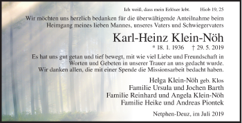 Traueranzeige von Karl-Heinz Klein-Nöh von Siegener Zeitung
