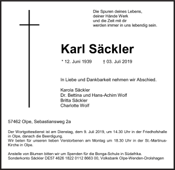 Traueranzeige von Karl Säckler von Siegener Zeitung