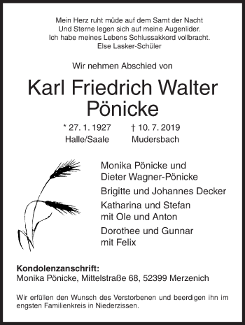 Traueranzeige von Karl Friedrich Walter Pönicke von Siegener Zeitung