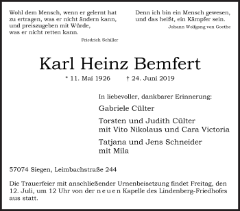 Traueranzeige von Karl Heinz Bemfert von Siegener Zeitung