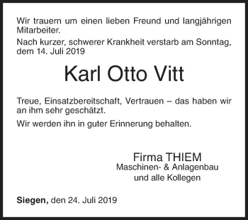 Traueranzeige von Karl Otto Vitt von Siegener Zeitung
