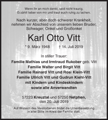 Traueranzeige von Karl Otto Vitt von Siegener Zeitung