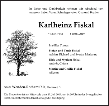 Traueranzeige von Karlheinz Fiskal von Siegener Zeitung
