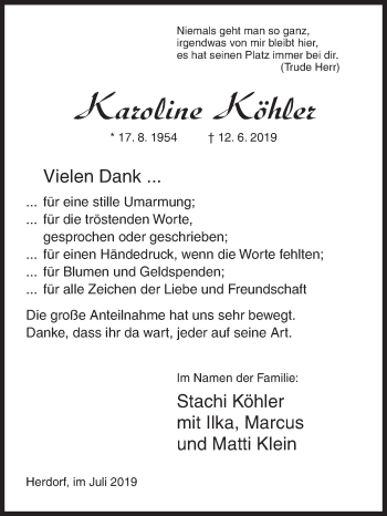 Traueranzeige von Karoline Köhler von Siegener Zeitung
