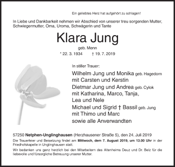 Traueranzeige von Klara Jung von Siegener Zeitung