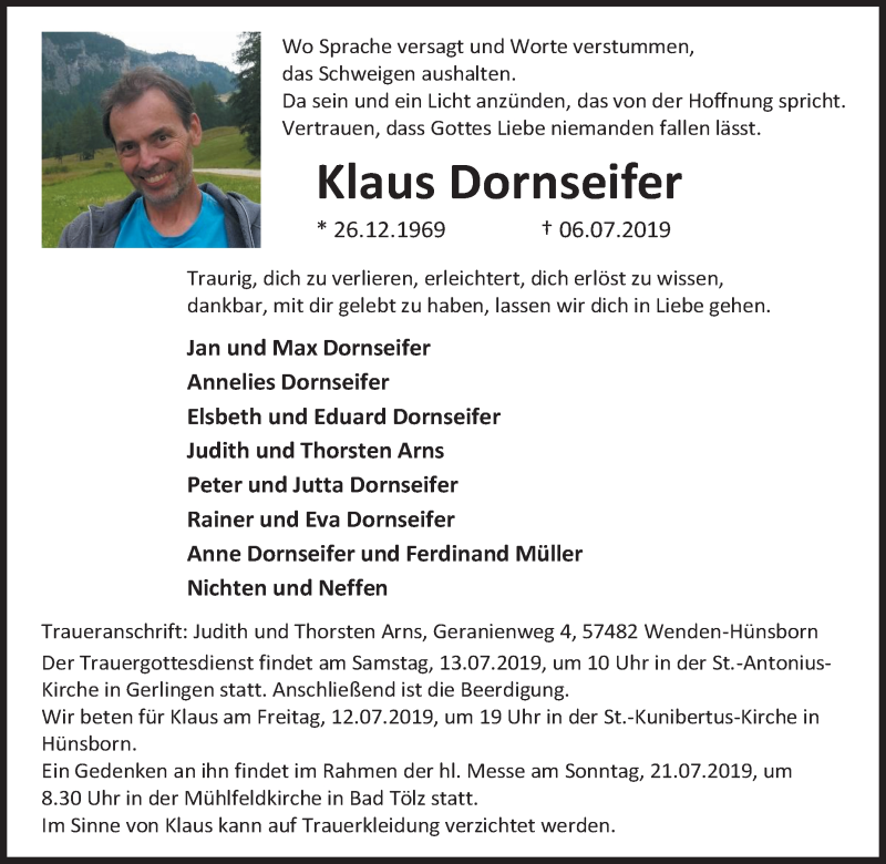  Traueranzeige für Klaus Dornseifer vom 09.07.2019 aus Siegener Zeitung