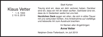 Traueranzeige von Klaus Vetter von Siegener Zeitung