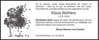 Traueranzeige von Klaus Wahlers von Siegener Zeitung