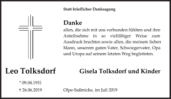 Traueranzeige von Leo Tolksdorf von Siegener Zeitung