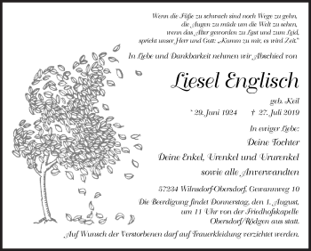 Traueranzeige von Liesel Englisch von Siegener Zeitung